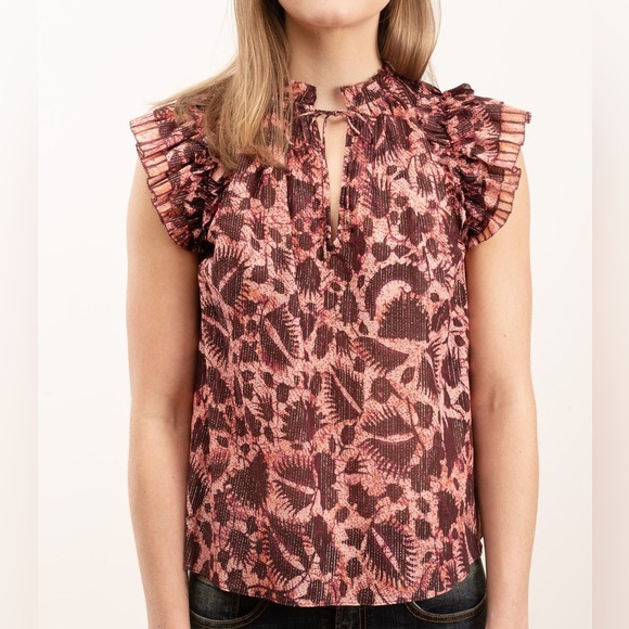 Ulla Johnson Dira Top Bordeaux Metallic Ruffle Size 6 Flutter Sleeve Tassel Tie - Picture 3 of 17